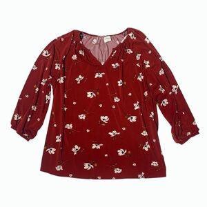 Kaileigh Stitch Fix Red White Floral V-Neck 3/4 Sleeve Blouse Large Top